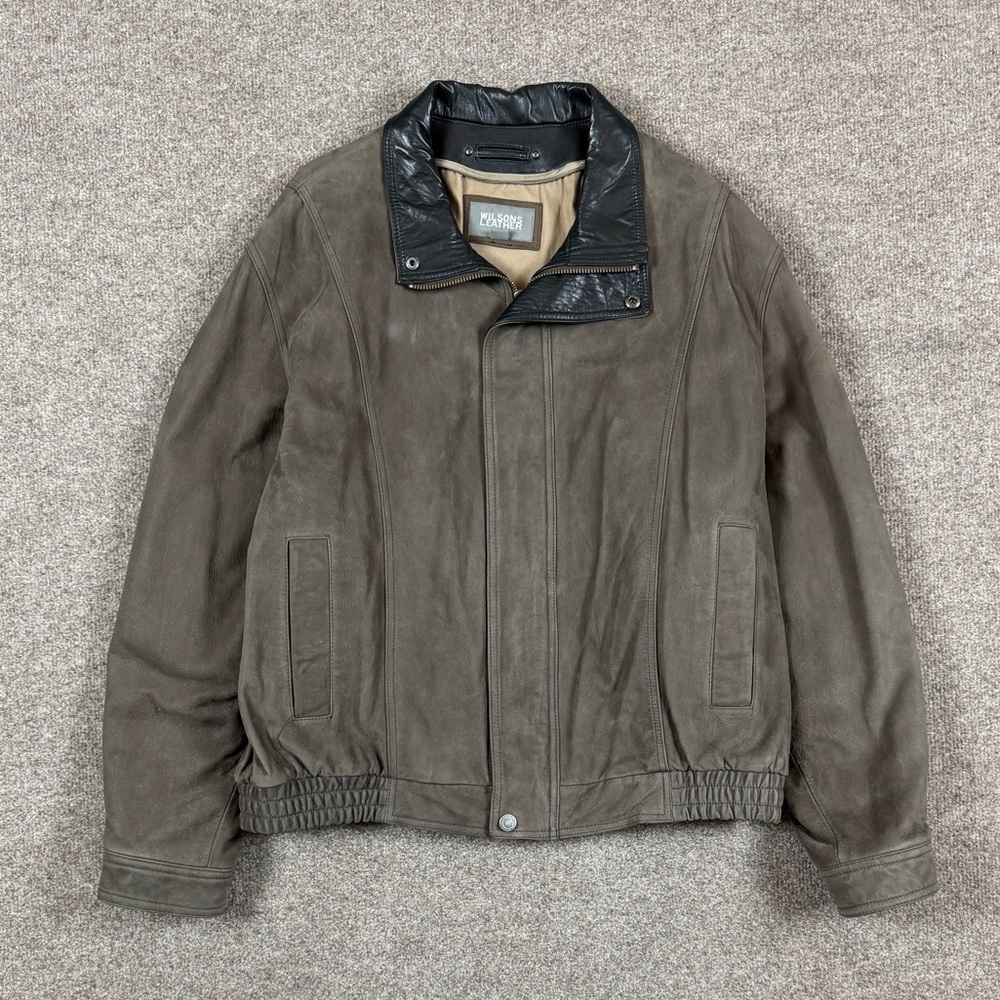 Vintage Wilsons Brown Leather Full Zip Bomber Jacket Men’s XL Contrast Collar‎